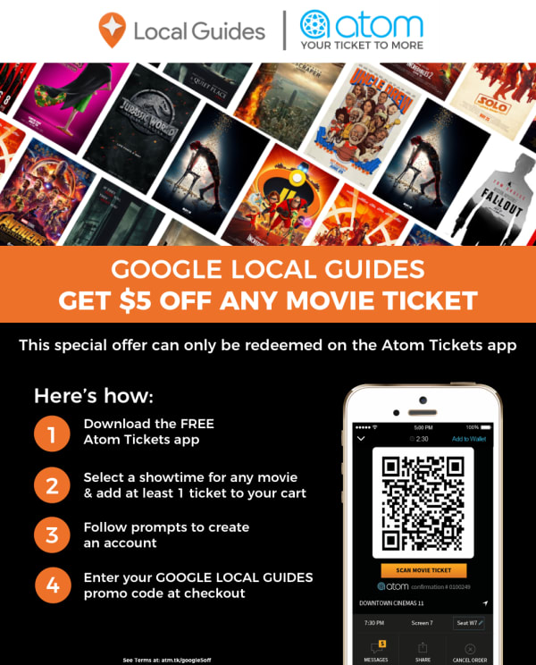 Google Local Guides Get 5 Off A Ticket To Any Movie For A Limited Time Atom Tickets Your Ticket To More Atom Your Ticket To More