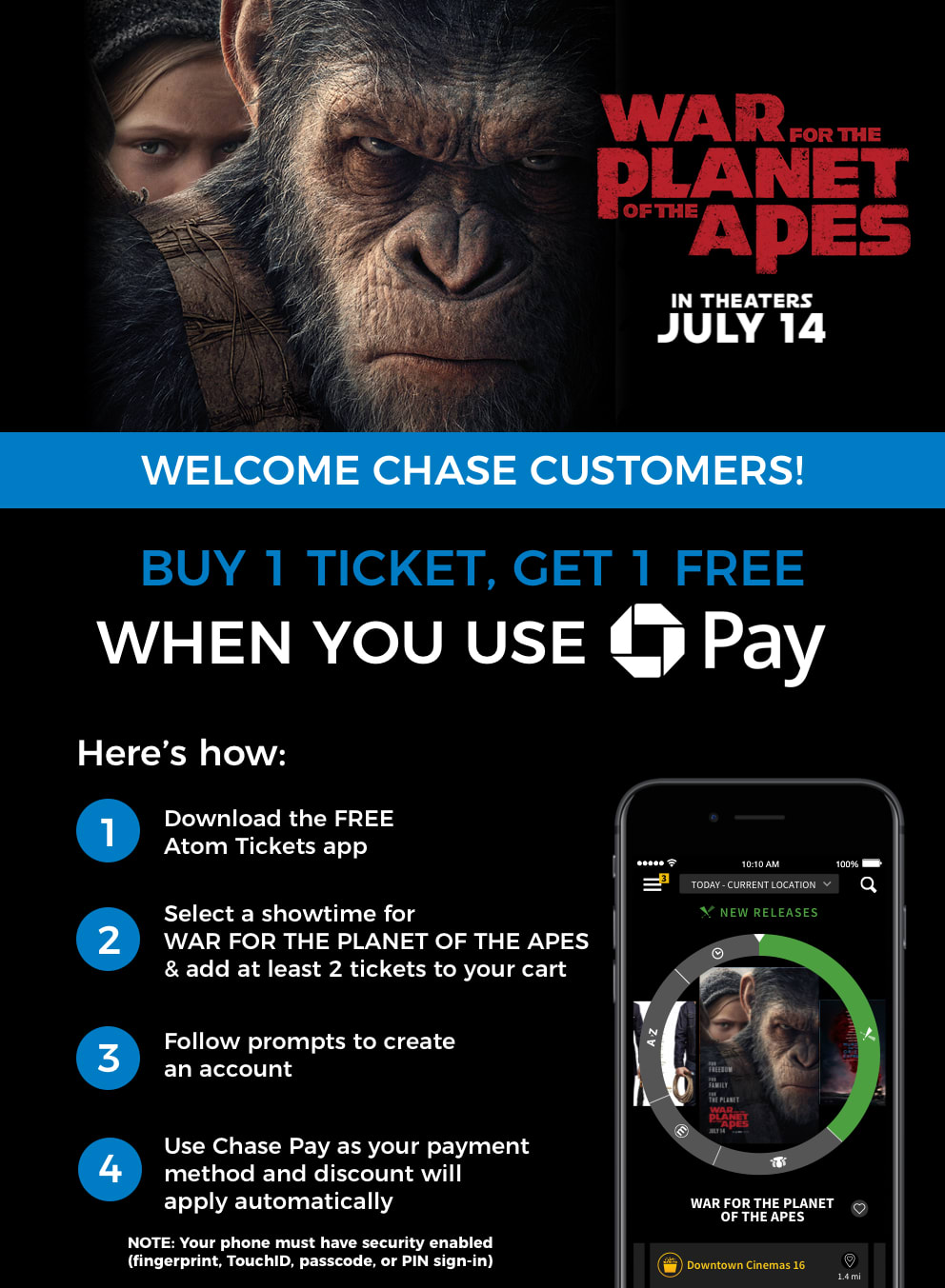 WAR FOR THE PLANET OF THE APES Buy One, Get One Chase Pay ...