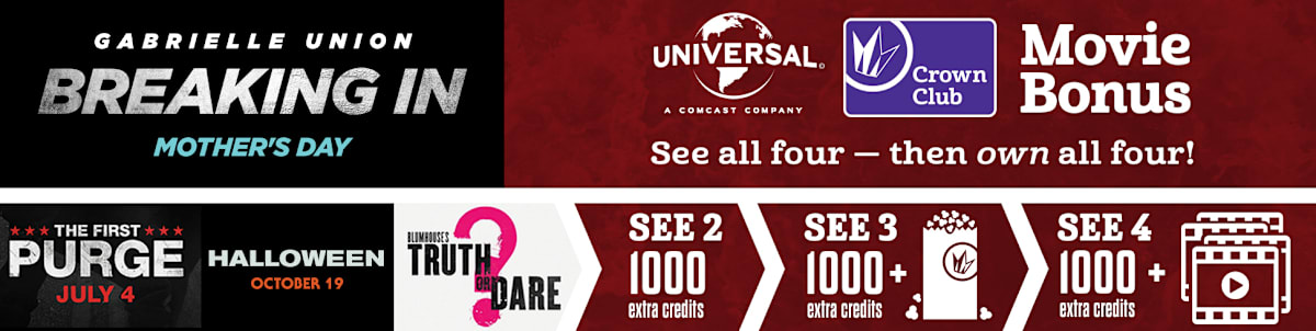 Regal Cinemas' Universal Movie Rewards - See these four Universal movies for extra crown club credits, free popcorn and possibly free movie downloads.